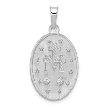 Rhodium Over 14k White Gold Satin Miraculous Oval Medal Pendant