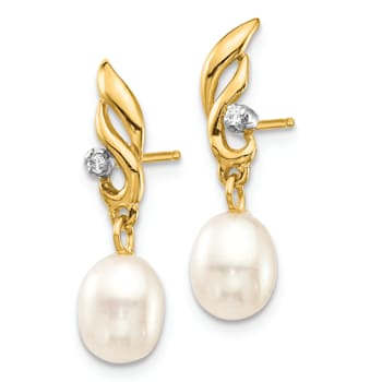 14K Yellow Gold 5-6mm White Rice Freshwater Cultured Pearl 0.02ct
Diamond Dangle Earrings
