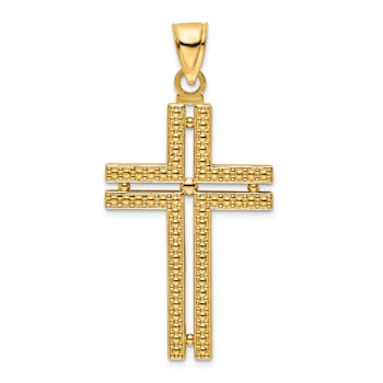 14k Yellow Gold Polished Beaded Textured Cross Pendant
