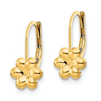 14K Yellow Gold Polished Flower Leverback Earrings