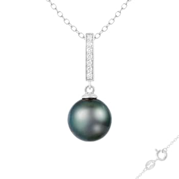 Black Cultured Tahitian Pearl and Diamond 14K White Gold Pendant 10-11mm