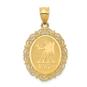 14k Yellow Gold Solid Satin, Polished and Textured Virgo Zodiac Oval Pendant