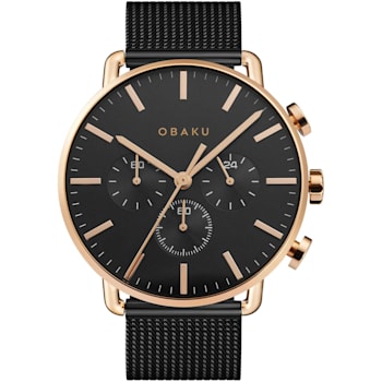 Obaku Men's Havn Rose Accents Black Stainless Steel Mesh Band Watch