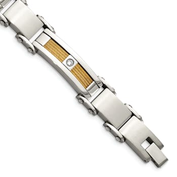 White Cubic Zirconia Stainless Steel Polished Yellow IP Plated Men's Bracelet