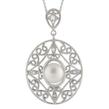 10-11mm Button White Cultured Freshwater Pearl and CZ Rhodium Over
Sterling Silver Pendant