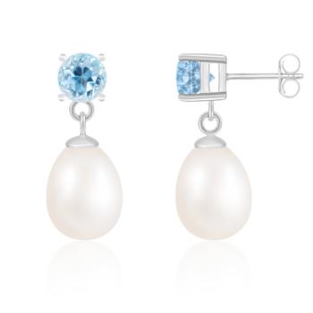 White Freshwater Pearl And Blue Topaz Dangle Earrings In Sterling Silver
