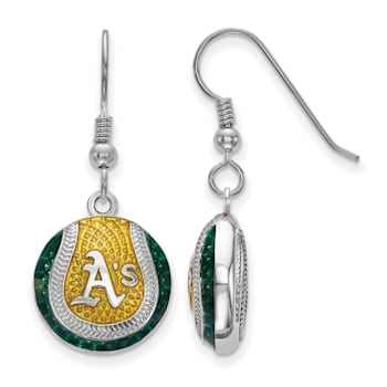 Rhodium Over Sterling Silver MLB LogoArt Oakland Athletics Enamel Earrings