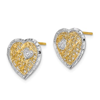 14K Two-tone Gold Filigree Heart Stud Earrings