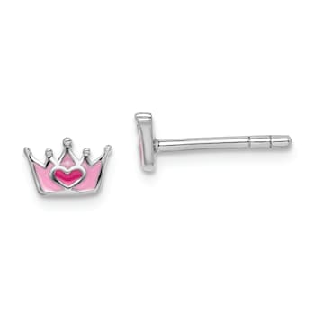Rhodium Over Sterling Silver Enamel Pink Crown Children's Post Earrings