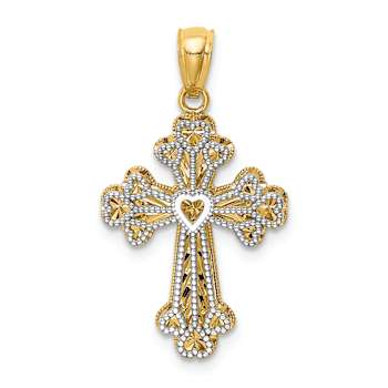 14K Two-tone Gold  Polished Filigree 2 Level Heart Cross Pendant