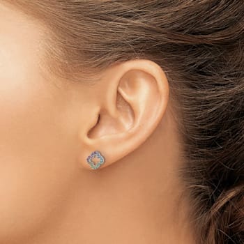 Rhodium Over Sterling Silver Rainbow Crystal Clover Post Earrings