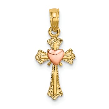 14K Two-tone Gold  Textured Cross with Heart Charm