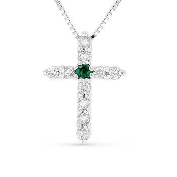 0.18ctw Emerald and Diamond Cross Pendant in 14k White Gold