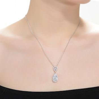 Pear Shape CZ Halo Drop Necklace In Sterling Silver
