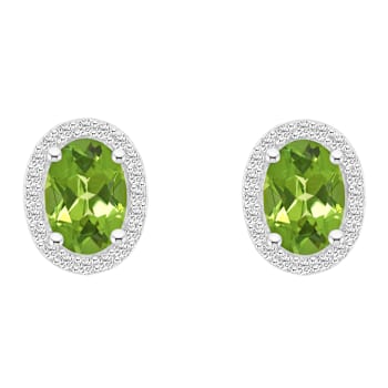 7x5mm Oval Peridot And Created White Sapphire 10k White Gold Halo Stud Earrings