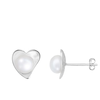 6-7mm White Cultured Freshwater Pearl Rhodium Over Sterling Silver Earrings