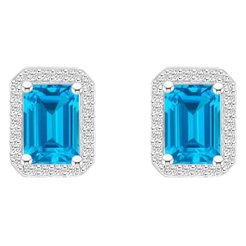 7x5mm Emerald Cut Blue Topaz And Created White Sapphire 10k White Gold
Halo Stud Earrings