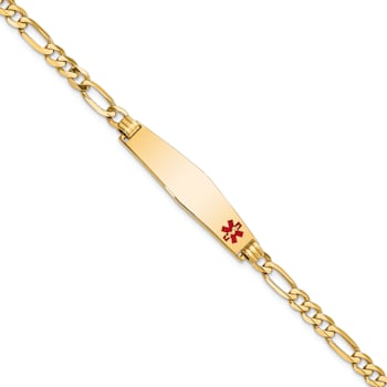 14k Yellow Gold Medical Soft Diamond Shape Red Enamel Flat Figaro Link
ID Bracelet