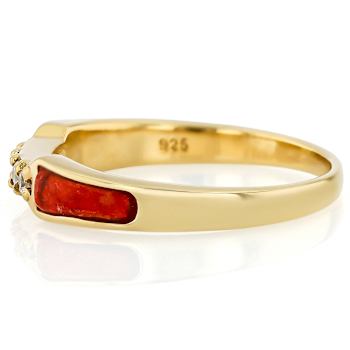Red Sponge Coral Inlay And White Zircon Band Ring In 18K Gold Over
Sterling Silver 0.06ctw