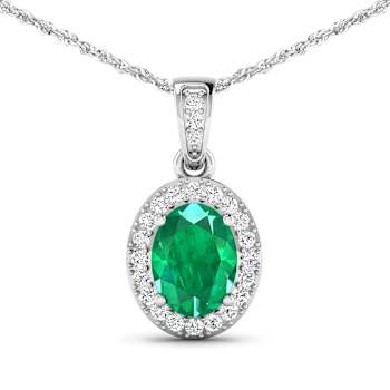 1.0ctw 14K White Gold Zambian Emerald and White Diamond Pendant with 18
inch Cable Chain
