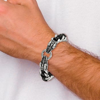 Stainless Steel Antiqued and Polished Dragon Head Black Leather Bracelet