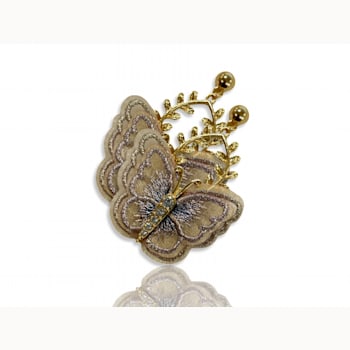 Gold Tone Neutral Tone Fabric Butterfly Earrings