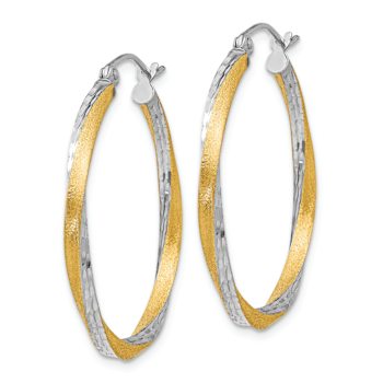 14k Yellow Gold and Rhodium Over 14k Yellow Gold 1 3/16" Satin
Diamond-cut Twisted Hoop Earrings