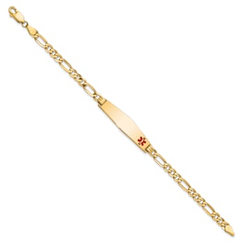 14k Yellow Gold Medical Soft Diamond Shape Red Enamel Flat Figaro Link
ID Bracelet