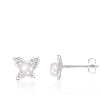 White Cultured Freshwater Pearl and CZ Rhodium Over Sterling Silver
4-5mm Button Earrings