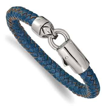 Blue Leather and Stainless Steel Antiqued and Polished 8.25-inch Bracelet
