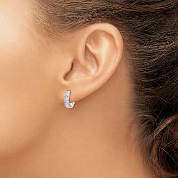 Rhodium Over 14k White Gold 1/2" Textured and Polished Hinged Hoop Earrings