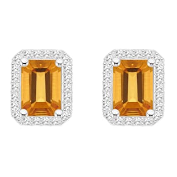 7x5mm Emerald Cut Citrine 1/5 ctw Diamond Rhodium Over Sterling Silver
Halo Stud Earrings