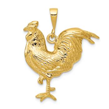 14k Yellow Gold Solid Polished and Textured Open-backed Rooster Pendant