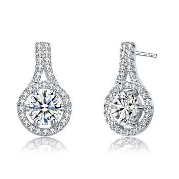 CZ Halo Drop Earrings In Rhodium Over Brass