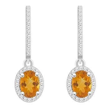 7x5mm Oval Citrine 1/3 ctw Diamond Rhodium Over Sterling Silver Halo
Dangle Earrings