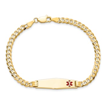 14k Yellow Gold Medical Soft Diamond Shape Red Enamel Curb Link ID Bracelet