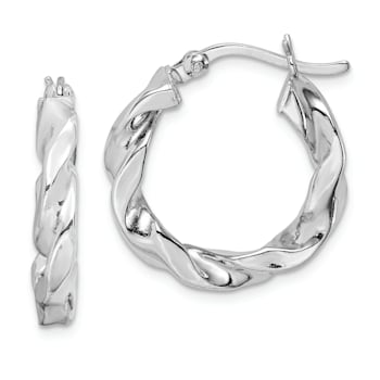 Rhodium Over Sterling Silver Twisted 3.5x20mm Hoop Earrings