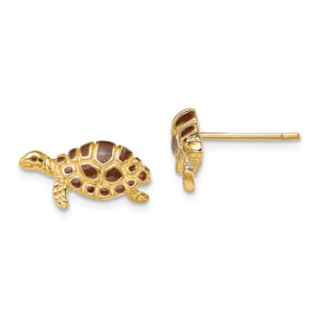 14k Yellow Gold Textured Brown Enamel Turtle Stud Earrings