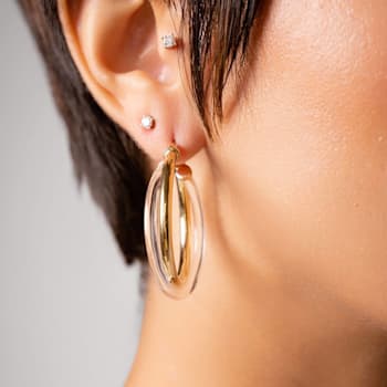 14K Yellow Gold Over Sterling Silver Acrylic Crossover Hoop Earrings in Clear