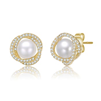 Pear Shape CZ And Mother Of Pearl Pave Stud Earrings In 14K Gold Over Brass