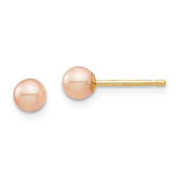 14K Yellow Gold 3-4mm Pink Round Freshwater Cultured Pearl Stud Earrings