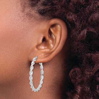 Rhodium Over Sterling Silver Twisted 3.5x45mm Hoop Earrings