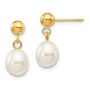 10k Yellow Gold 6-7mm White Rice Freshwater Cultured Pearl Dangle Earrings