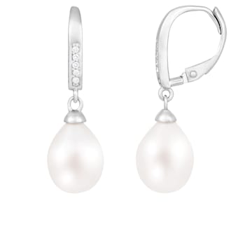 White Cultured Freshwater Pearl and Cubic Zirconia Rhodium Over Sterling
Silver 7-8mm Drop Earrings