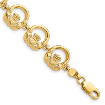 14k Yellow Gold Textured Claddagh Circle Horizontal Link Bracelet