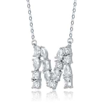 Initial M Mixed Cut CZ Pendant Necklace In Sterling Silver 18 Inch
