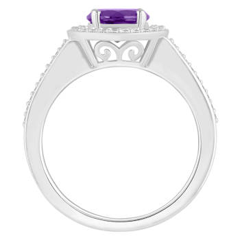 7mm Round Amethyst 1/5 ctw Diamond Rhodium Over Sterling Silver Halo Ring