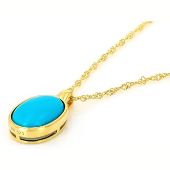 Turquoise Bezel Set Solitaire Pendant Necklace In 18K Gold Over Sterling
Silver 14x10mm