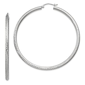 Rhodium Over 14k White Gold Diamond-Cut 2 3/8" Round Hoop Earrings