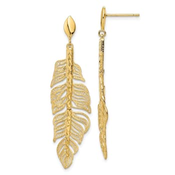 14K Yellow Gold Polished Diamond-cut Textured Leaf Post Dangle Earrings